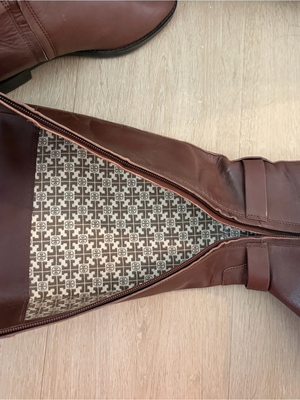 Tory Burch Chestnut Brown Leather Tall Riding Boots with Gold Logo